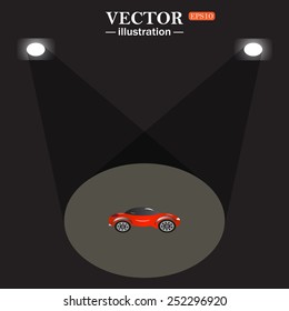 stage, projector on black background.  red car , vector illustration, EPS 10