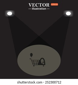 stage, projector on black background. Shopping with a cabin for children and inflatable festive ball. Vector illustration, EPS 10