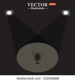 stage, projector on black background.  Microphone. Voice recording, vector illustration, EPS 10