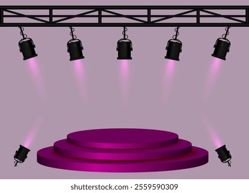 Stage purple spotlight. Elevated circular platform, black stage lights emitting beams, metal truss structure, performance setup, event lighting, presentation space, theatrical equipment