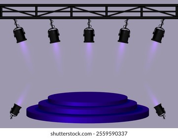 Stage purple spotlight. Elevated circular platform, black stage lights emitting beams, metal truss structure, performance setup, event lighting, presentation space, theatrical equipment