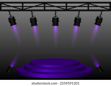 Stage purple spotlight. Elevated circular platform, black stage lights emitting beams, metal truss structure, performance setup, event lighting, presentation space, theatrical equipment