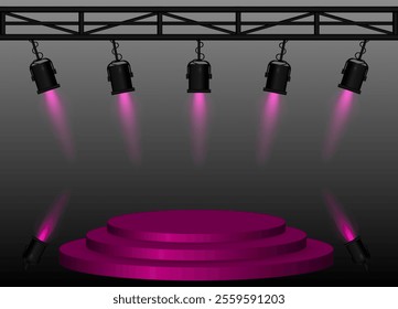 Stage purple spotlight. Elevated circular platform, black stage lights emitting beams, metal truss structure, performance setup, event lighting, presentation space, theatrical equipment