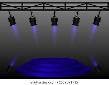 Stage purple spotlight. Elevated circular platform, black stage lights emitting beams, metal truss structure, performance setup, event lighting, presentation space, theatrical equipment