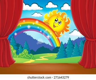Escenario con arcoiris y sol: ilustración vectorial eps10.