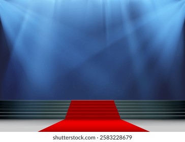 Stage with red carpet illuminated by spotlights. Vector illustration