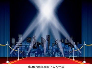 stage with red carpet, night cityscape, vector skylines