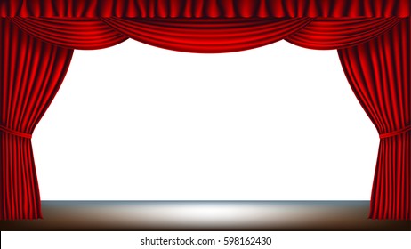 Stage with red curtain and empty white background. Vector illustration