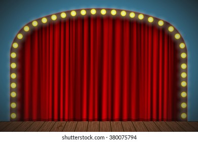 Stage with red curtain, lights and wooden floor. Vector for your design