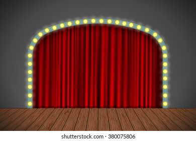 Stage Red Curtain Lights Wooden Floor Stock Vector Royalty Free   Stage Red Curtain Lights Wooden 260nw 380075806 