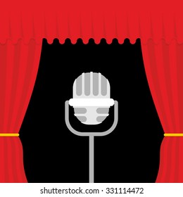 Stage with red curtain and retro microphone. Open theatre curtain. Device for presentations. Accessory lead.