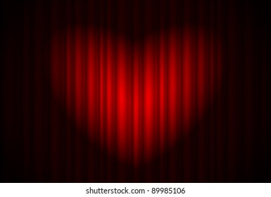 Stage with red curtain and spotlight great, heart-shaped. Illustration of the designer