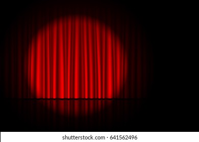 Stage with red curtain and spotlight on it. Theater, circus or cinema poster background with space for text, vector illustration