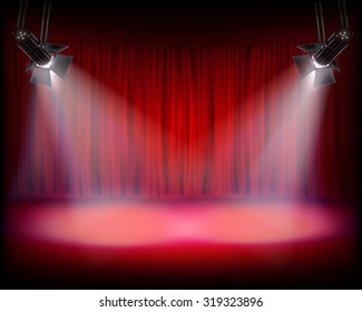 Stage with red curtain. Vector illustration.