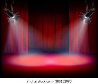 The Stage with red curtain. Vector illustration.