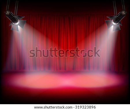 Stage with red curtain. Vector illustration.