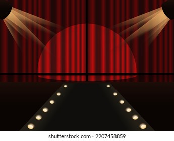 Stage with red curtains. Scene with lighting. Vector illustration.