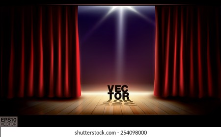 Stage with red curtains and spotlight. Vector background
