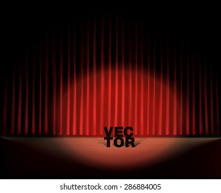 Stage with red curtains and spotlight. Vector background