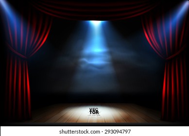 Stage With Red Curtains Spotlights And Wooden Podium. High Quality Vector 