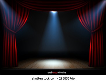 Stage With Red Curtains Spotlights And Wooden Podium. High Quality Vector