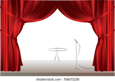 Stage red curtains with table.