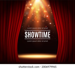 Stage with red curtains, theater scene vector background with spotlight illumination and sparkles. Showtime poster for performance, music show or concert with realistic 3d red curtains and light glow svg