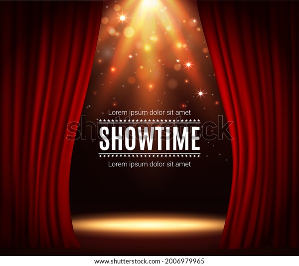 Stage with red curtains, theater scene vector\
background with spotlight illumination and sparkles. Showtime\
poster for performance, music show or concert with realistic 3d red\
curtains and light glow