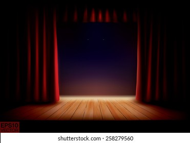 Stage with red curtains and wooden podium. Vector background