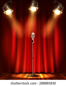 Stage With Red Curtians, Microphone And Spotlight.