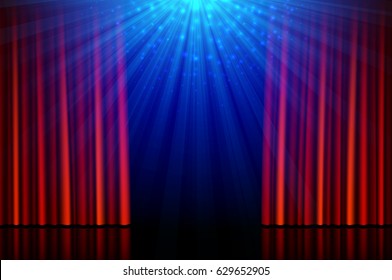 Stage with red opening curtains and spotlights, vector illustration