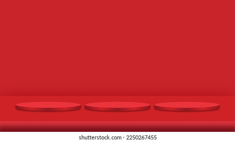 Stage red podium platform pedestals on red background. Product display podium vector illustration.