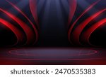 Stage with red shapes and blue light effects
