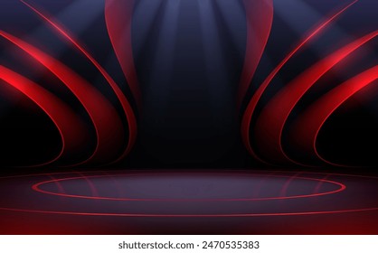 Stage with red shapes and blue light effects