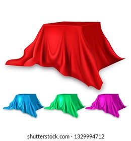 Stage Red Silk Set Vector. Fabric Cloth Waving Shape. For Presentation. Banner, Podium, Stand. Velvet Luxury Textile Drapery. 3D Realistic Decoration Element Isolated Illustration