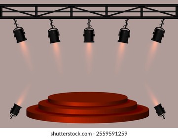 Stage red spotlight. Elevated circular platform, black stage lights emitting beams, metal truss structure, performance setup, event lighting, presentation space, theatrical equipment