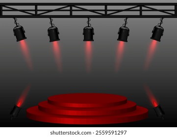 Stage red spotlight. Elevated circular platform, black stage lights emitting beams, metal truss structure, performance setup, event lighting, presentation space, theatrical equipment