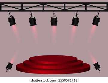 Stage red spotlight. Elevated circular platform, black stage lights emitting beams, metal truss structure, performance setup, event lighting, presentation space, theatrical equipment