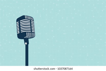 stage retro microphone with bokeh light in flat icon design on blue color background