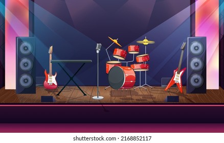 Stage With Rock Band Instruments. Nobody In Concert Hall By Color Spot Lights And Music Speakers. Red Bass Guitar And Drum On Empty Scene. Screen Behind Drummer. Empty Dance Floor. Vector Illustration