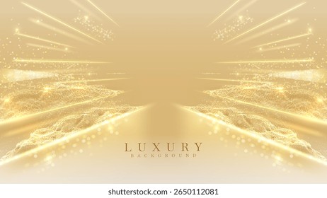 Stage scene gold with golden light particle wave decoration, Luxury background design for award ceremony or cosmetic product sale presentation.