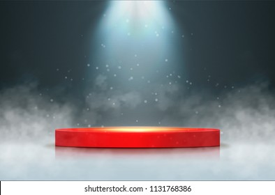 Stage with scenic lights. Round podium with smoke and spotlight. Vector illustration.