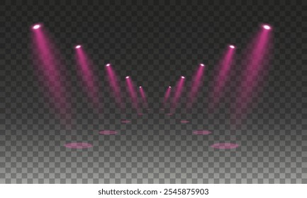 Etapa con efecto chispa. Foco aislado y efectos de iluminación para su diseño e ilustración en Vector. Conjunto de Vector de foco aislado e iluminación de estudio para sus Diseños en tonos de rosa.