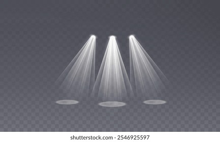Palco com efeito de faísca. Efeitos isolados de holofote e iluminação para seu design e ilustração em vetor. Conjunto vetorial de holofote isolado e iluminação de estúdio para seus designs em tons de branco.