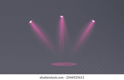 Etapa con efecto chispa. Foco aislado y efectos de iluminación para su diseño e ilustración en Vector. Conjunto de Vector de foco aislado e iluminación de estudio para sus Diseños en tonos de rosa.