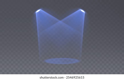 Bühne mit Funkeneffekt. Isolierte Spotlight- und Lichteffekte für Ihr Design und Ihre Illustration in Vector. Vektor-Set aus isoliertem Spotlight und Studio-Beleuchtung für Ihre Designs in Blautönen.