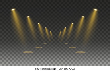 Stage with Spark Effect. Isolated Spotlight and Lighting Effects for Your Design and Illustration in Vector. Vector Set of Isolated Spotlight and Studio Lighting for Your Designs in Shades of yellow.