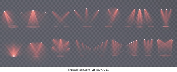 Palco com efeito de faísca. Efeitos isolados de holofote e iluminação para seu design e ilustração em vetor. Conjunto vetorial de holofote isolado e iluminação de estúdio para seus designs em tons de vermelho.
