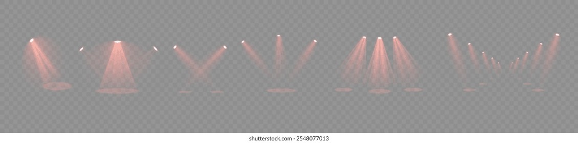 Stage with Spark Effect. Isolated Spotlight and Lighting Effects for Your Design and Illustration in Vector. Vector Set of Isolated Spotlight and Studio Lighting for Your Designs in Shades of red.