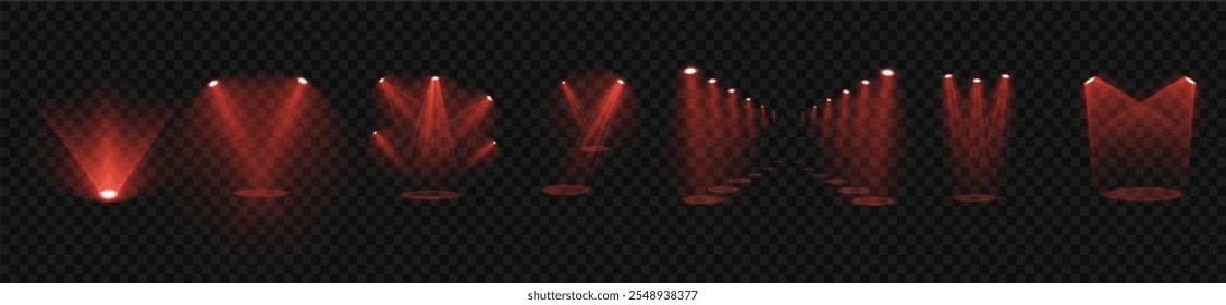 Stage with Spark Effect. Isolated Spotlight and Lighting Effects for Your Design and Illustration in Vector. Vector Set of Isolated Spotlight and Studio Lighting for Your Designs in Shades of red.